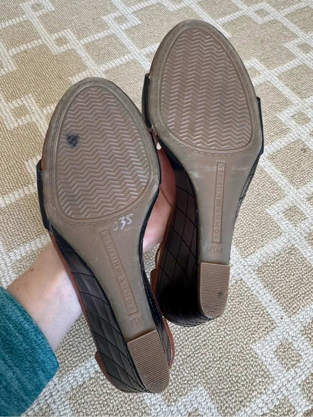 Tommy Hilfiger Ankle Strap Wedge Sandals Brown Black Leather Size 7.5
